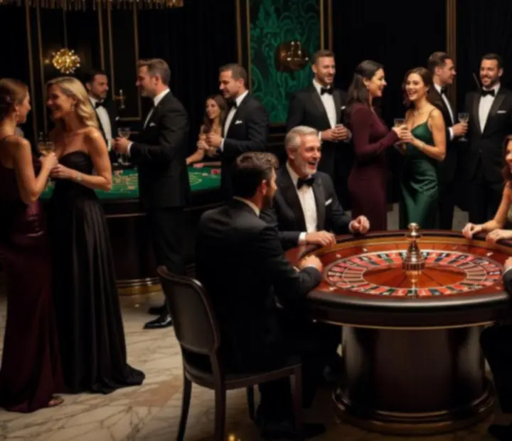 Fotogalerie soukromých kasinových večerů s hosty u stolů a elegantní výzdobou.
