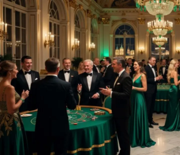 Elegantní kasinový večer Radnova v luxusním sále s hosty u pokerového a ruletového stolu