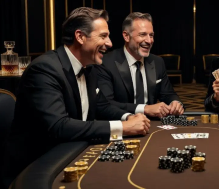 Hosté u pokerového stolu během večerní akce Radnova, usměvaví hráči s žetony bez peněžní hodnoty